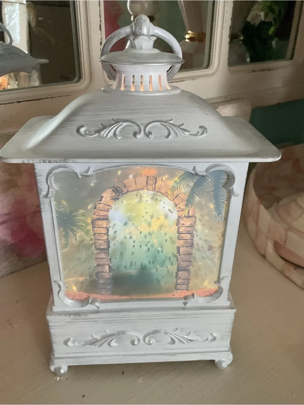 White Decorative Lantern Snow Globe with Heirloom Figurine - Home Accents